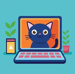 cute black cat is displayed on a laptop screen