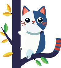 cute blue and white cat climbing a tree branch