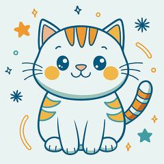 cute cartoon cat with stripes and a happy face sits with stars a