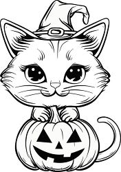 cute cat wearing a witch hat sitting on a jack o lantern