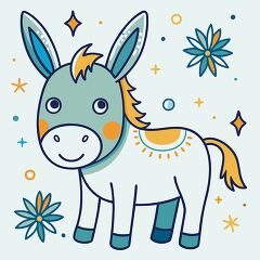 cute donkey with a smiling face stands with decorative flowers