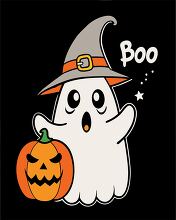 cute ghost with an orange pumpkin with text boo