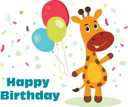 cute giraffe cartoon character holding balloons with happy birth