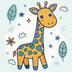 cute giraffe with orange cheeks and a long neck is set among lea