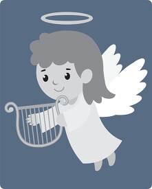 cute girl angel holds a musical harp gray color clip art