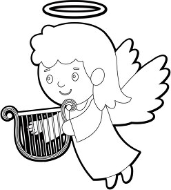 cute girl angel holds a musical harp outline clip art