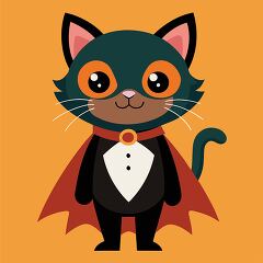 cute halloween cat with big eyes wearing red vampire cape