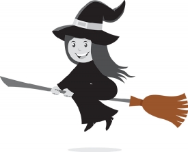 cute halloween witch siting on broomstick gray color clipart