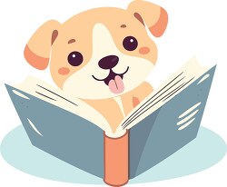 cute happy little puppy holds a book