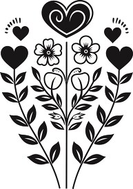 cute heart shaped leaves with flowers black silhouette