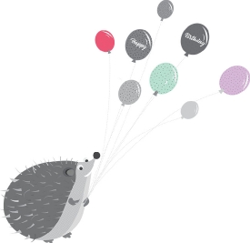 cute hedgehog holding colorful birthday balloons gray color clip