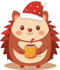 Cute hedgehog in a Santa hat holding a warm mug