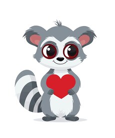 cute lemur with expressive eyes affectionately holds a red heart