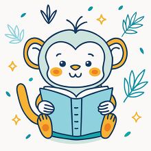 cute monkey reading a book surrounded by plants clipart