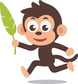cute monkey running holds a plant leaf