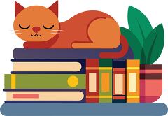 cute orange cat peacefully sleeping on a stack of colorful books