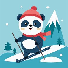 cute panda wearing skiing down a mountain slope