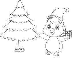 cute penguin with xmas gift black outline