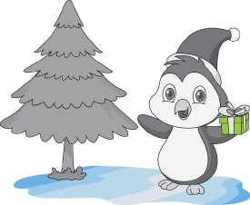 cute penguin with xmas gift gray color clipart
