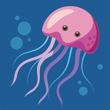 cute pink jellyfish floats in the blue ocean with long flowing t