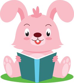 cute pink rabbit reading book clipart