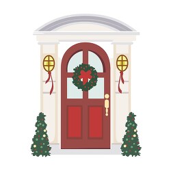 cute red front door to a home with trees for christmas