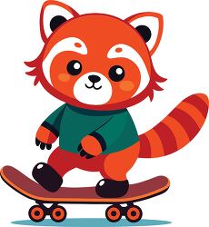 cute red panda with a long tail balances on a skateboard