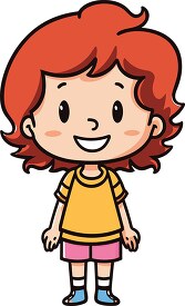 cute smiling red head girl wears tee shirt and shortsf