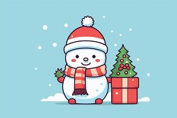 cute snowman beside a decorated holiday season christmas tree