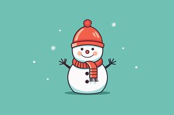 cute snowman with red hat and scarf stands in the snow