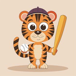 Cute tiger wearing a baseball cap holding a bat