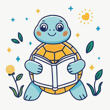 cute turtle holding a blue book with stars and leaves in the bac