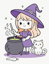 cute witch in a purple dress stirs a bubbling cauldron