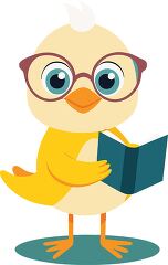 cute yellow baby duck with glasses holds an open book