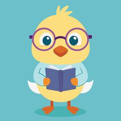 cute yellow chick with glasses is standing while reading a book