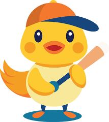 cute yellow duckling in a colorful cap holds a baseball bat