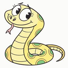 cute yellow snake with green spots and big eyes smiles