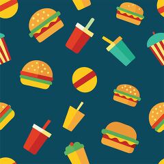 dark blue background highlights vibrant icons of burgers fries a