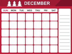 december calendar with days of the week printable