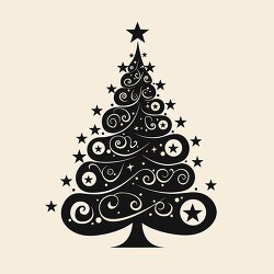 Decorative Christmas tree graphic with ornamental swirls and sta