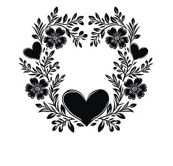 decorative heart wreath with botanical details in a clean black 