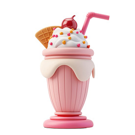 delicious looking 3D clay icon of a pink milkshake with a cherry