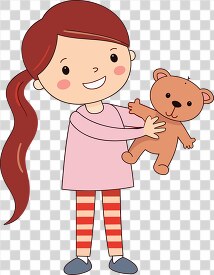 delighted little girl wearing striped leggings holds her teddy b