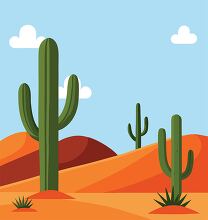 desert landscape with towering cacti and a glowing sunset