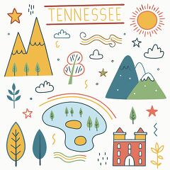 Bursting with color, this creative depiction showcases Tennessee's enchanting nature. Playful mountains rise in the backdrop, while cheerful clouds and a bright sun add warmth to the scenery.