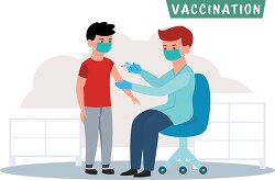 doctor giving vaccine to a boy wearing mask clipart