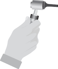 doctors hand holding otoscope to check ear gray color clipart