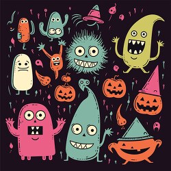 doodle style halloween monsters in a pattern