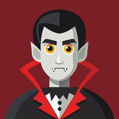 Dracula with pale gray skin sharp fangs and a red collar