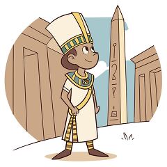 Egyptian pharaoh stands surrounded by pillars and an obelisk